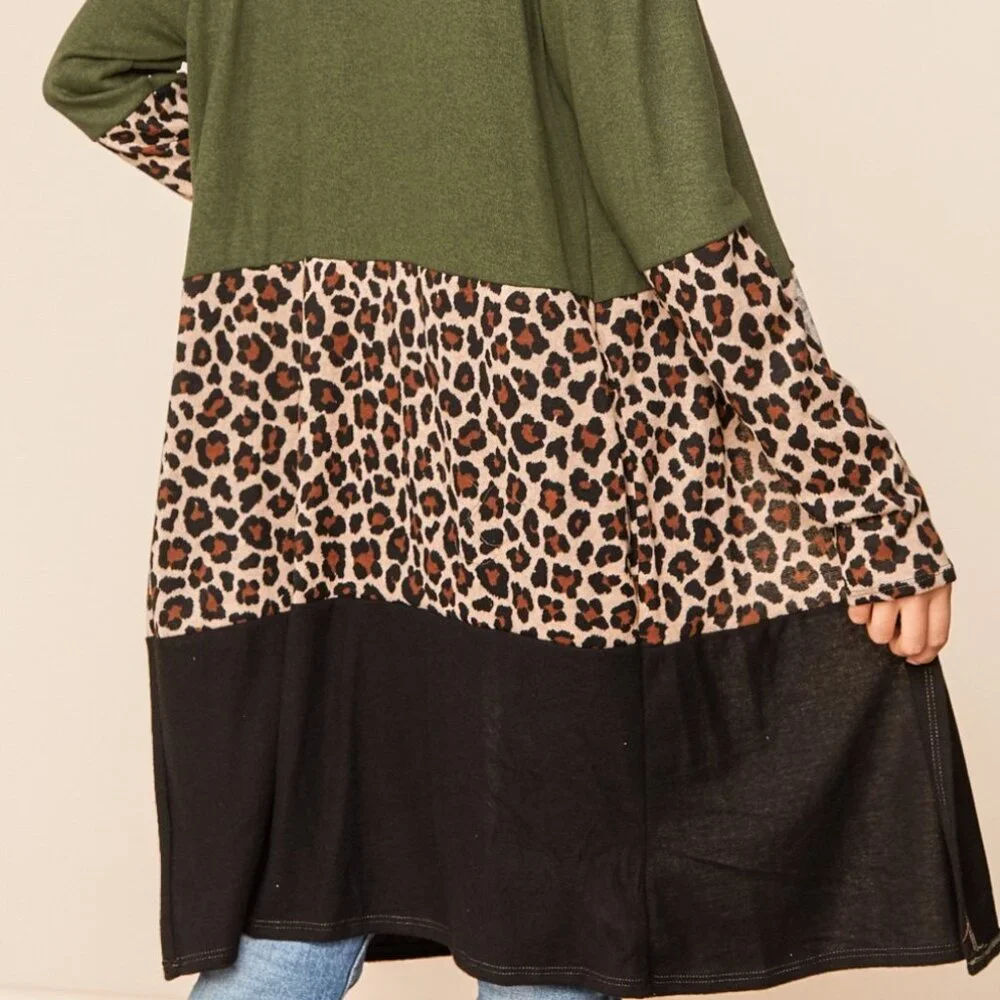 HAPTICS BOHO LEOPARD ANIMAL COLOR BLOCK MEDIUM LONG SLEEVE POCKETS CARDIGAN - Picture 4 of 12